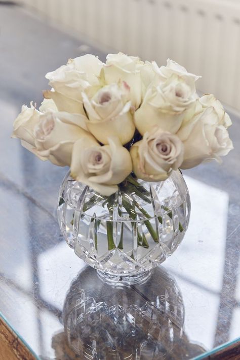 ... Bowl Arrangements, Summer Greenery, Bedside Table Decor, Romantic Table Setting, Crystal Vases, Waterford Lismore, Dining Room Table Decor, Flower Vase Arrangements, Ivory Roses