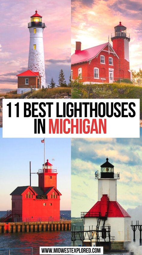 11 Best Lighthouses In Michigan Lake Michigan Lighthouses, Michigan Lighthouses, Travel Michigan, Lake Lighthouse, Michigan Lake, Michigan Road Trip, Michigan Vacations, Midwest Travel, Beautiful Lighthouse