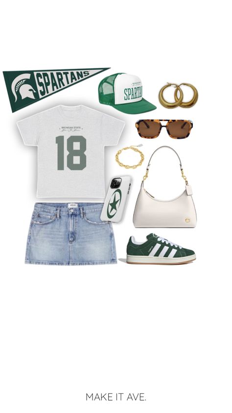 Michigan state gameday outfit, green and white outfit, msu outfit, msu gear, msu shirt, msu hat, go green Msu Outfit, Green And White Outfit, School Spirit Outfit, College Gameday Outfits, Tailgate Outfit, College Game Days, Game Day Outfit, Baseball Outfit, White Outfit