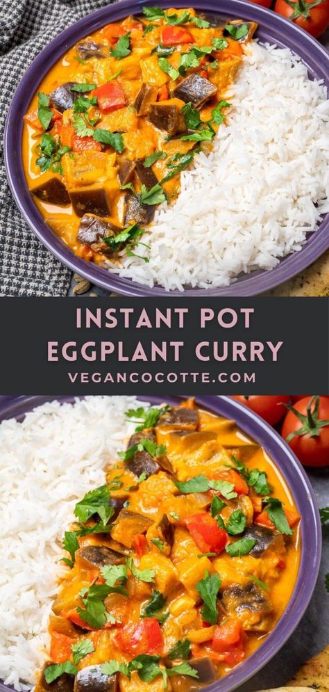 Instant Pot Eggplant Curry International Instant Pot Recipes, Instant Pot Vegetable Curry, Instant Pot Curry Vegetarian, Instant Pot Eggplant Recipes, Eggplant Curry Recipes, Indian Instant Pot Recipes, Instant Pot Eggplant, Curried Eggplant, Indian Eggplant Recipes