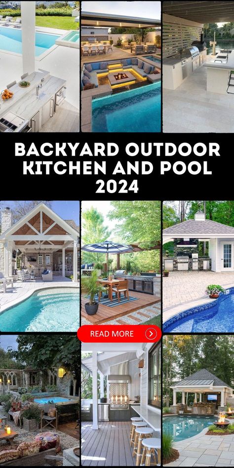 Elevate your backyard with the ultimate in outdoor elegance. Our backyard outdoor kitchen and pool 2024 designs are the epitome of luxury. Pool Pavilion With Outdoor Kitchen, Backyard Kitchen And Pool, Backyard Outdoor Kitchen, Outdoor Kitchen And Pool, Poolside Seating, Pool Pavilion, Lush Landscaping, Tranquil Retreat, Backyard Kitchen