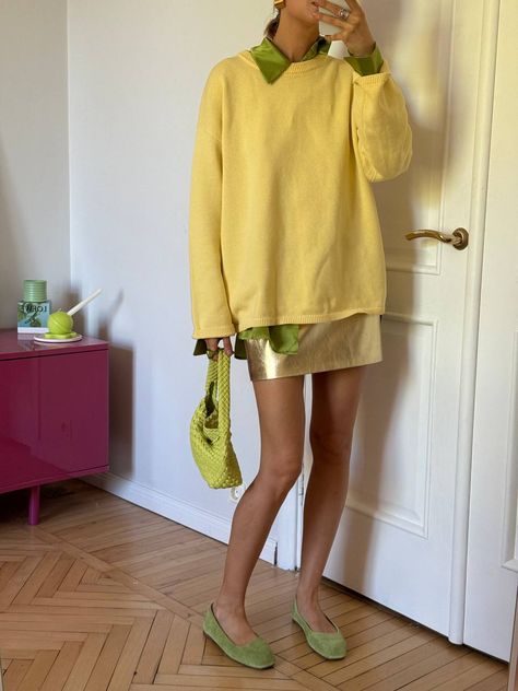 Spring 2025 Shoes, Brown Matching Colors Clothes Outfit, Chartreuse Sweater Outfit, Holiday Looks 2024, Outfit Colour Combos, 2025 Trend Forecast, Chartreuse Outfit, Bright Yellow Outfit, Butter Yellow Outfit