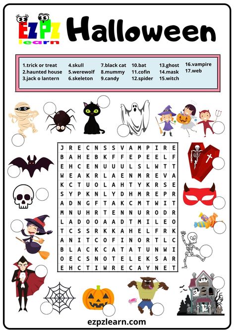 Halloween Worksheets Free, Vocab Activities, Game Worksheet, Ingles Kids, Word Puzzles For Kids, Halloween Vocabulary, Free Printable Word Searches, Halloween Lesson, Halloween Word Search