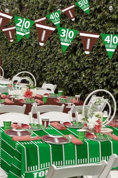 Super bowl parties need the perfect decor for gameday. The design inspired from the football field. It combines by yard number of the field and the football pattern. It perfectly create a gaming atmosphere for your football party. This set includes football Paper Plates, Napkins, Cups，Banner and Touchdown Tablecloth Perfect for your Super Bowl Football party. #superbowl