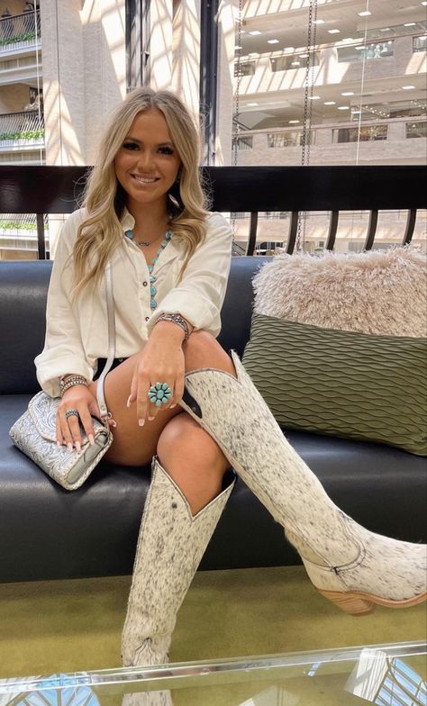 Cowhide Boots Outfit, Nashville White Boots, Blazer And Cowgirl Boots, Punchy Blonde White Boots, Trendy Knee-high Boots For Rodeo, Whute Cowgirl Boots, Western Knee-high Heeled Boots For Rodeo, Western Style Knee-high Boots For Rodeo, Womens Western Hats