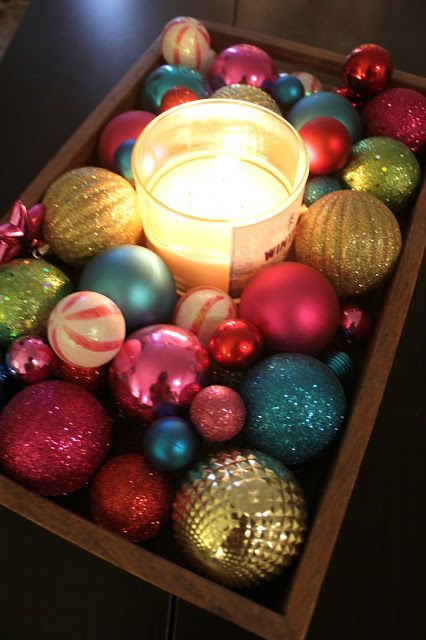 Holiday Chandelier Ideas, Christmas Decor Ideas Retro, Holiday Candle Decor, Bowl Of Christmas Ornaments, Nostalgic Christmas Decor Ideas, Colorful Christmas Centerpieces, Christmas Ball Centerpieces, Decorating A Round Table For Christmas, Christmas Tabletop Decor Centerpiece Ideas