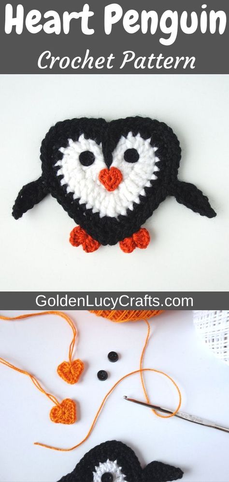 Cute crochet penguin applique - free crochet pattern! Heart-shaped penguin, easy project, made from hearts, Valentine’s day crochet ideas Butterfly Step By Step, Easy Amigurumi, Butterfly Tutorial, Crochet Penguin, Crochet Cable, Crochet Baby Toys, Crochet Supplies, Easy Crochet Projects, Valentines Crochet