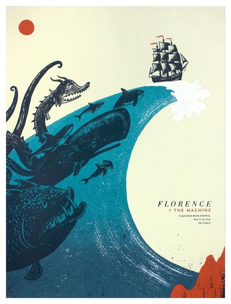 Andrew Saeger Florence and the Machine sea monster poster Poster Konser, Gig Posters Design, Poster Musik, Poster Grafico, Screen Print Poster, Gig Poster, Seni 2d, Blond Amsterdam, Florence The Machines