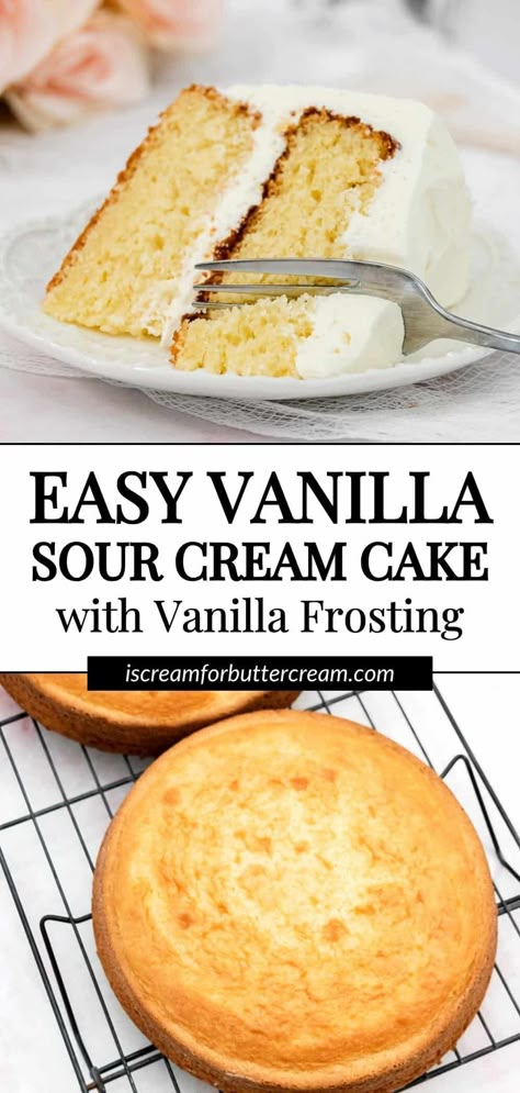 This easy vanilla sour cream cake uses a cake mix as the base and a few more ingredients to make it extra moist, and to give it that from scratch, homemade taste but in much less time. Moist Vanilla Cake Recipe Sour Cream, Doctored Vanilla Cake Mix Recipes, Cake Mix Cakes That Taste Homemade, Moist Cake Recipes Homemade, Homemade Cake Recipes From Scratch, Super Moist Vanilla Cake, Vanilla Cake Mix Recipes, Chocolate Chip Pound Cake, Vanilla Mug Cakes