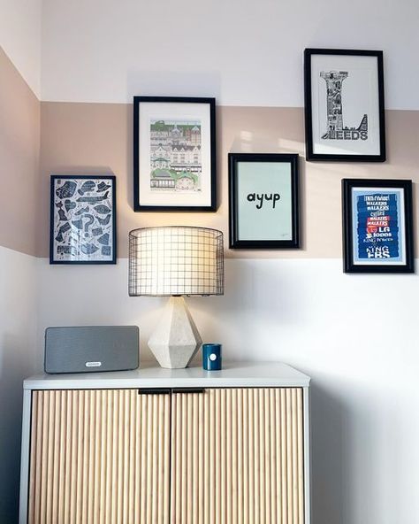 𝕋𝕙𝕚𝕤 𝕎𝕚𝕝𝕝𝕠𝕨 ℍ𝕠𝕞𝕖 on Instagram: "Got some smaller prints still coming for the gallery wall here but this corner of the dining room is finally looking finished! Our (still currently blue woodchip) entrance is small so we thought this @johnlewis cabinet would be perfect to store shoes etc as we come in! We used @farrowandball potted shrimp to zone the corner off a little with the colour block! Next stop in here is a new dining table but the wait times are months on everything we’ve see Stairs Photo Wall, John Lewis Furniture, Moduleo Flooring, New Dining Table, Potted Shrimp, Block Painting, Herringbone Floor, Loft Room, Colour Blocking