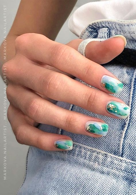 50. Green watercolor nail polish Looking for a unique and creative design to wear this spring, then you need to see this next mani!... Green Watercolor Nails, Blue Watercolor Nails, Watercolor Nails Art, Water Colour Nails, Watercolor Nail Designs, Nail Watercolor, Nail Art Watercolor, Nails Watercolor, Watercolor Nail Art