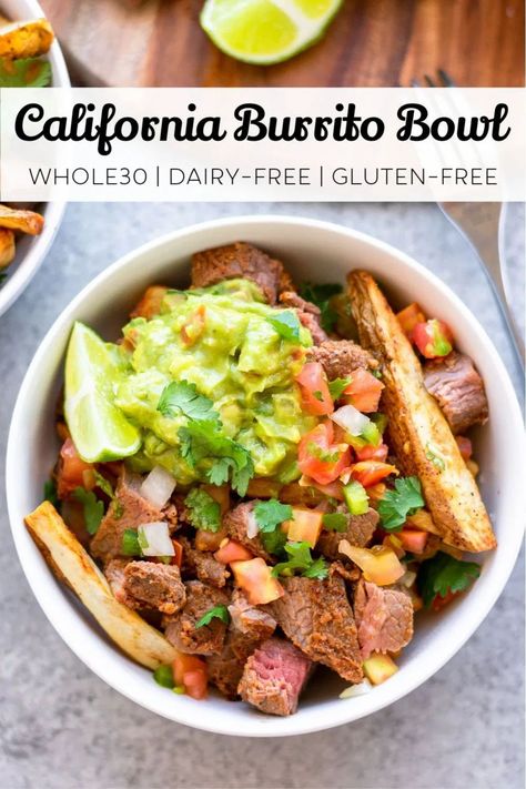 These California burrito bowls are the perfect dish to satisfy your Mexican food craving. The ingredients are all paleo and Whole30 compliant! It's the perfect option for a healthy family dinner! #mexicanfood #whole30 #paleo #whole30recipes #carneasadafries #paleorecipes #healthymexicanfood California Burrito, Healthy Family Dinner, Healthy Mexican Recipes, Burrito Bowls Recipe, California Food, Healthy Mexican, Healthy Family Dinners, Burrito Bowls, Filling Dinner