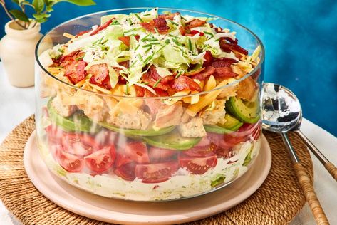 BLT Seven-Layer Salad Is A New Way With An Old Favorite Blt Seven Layer Salad Southern Living, Southern Living Salads, Gal Sal, Garden Sayings, Layer Salad, Seven Layer Salad, Breakfast Party Foods, Easy Dinner Casseroles, Layered Salad