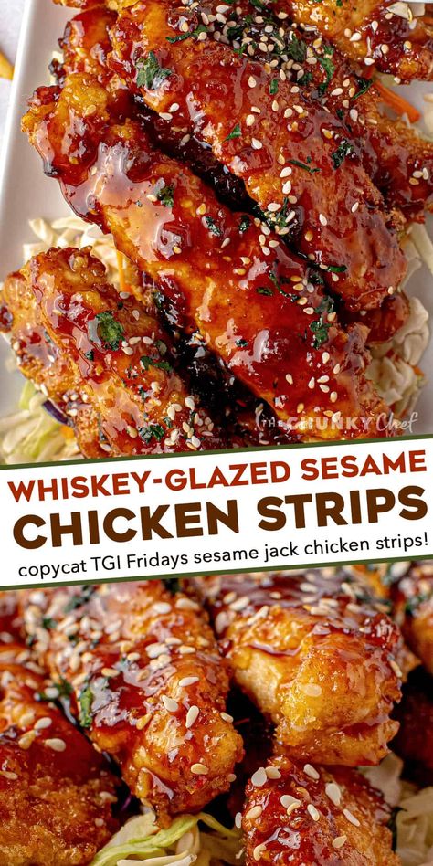 Crunchy chicken strips breaded simply and fried to crispy perfection, then tossed in a mouthwatering whiskey glaze! This copycat recipe tastes just like that appetizer from TGI Fridays, and is perfect for any party or fun dinner! #sesamejack #tgifridays #chickenstrips Whiskey Glaze, Steak Dinner Recipes, Crunchy Chicken, Tgi Fridays, Fun Dinner, Sesame Chicken, Chicken Strips, Steak Dinner, Chicken Wing Recipes