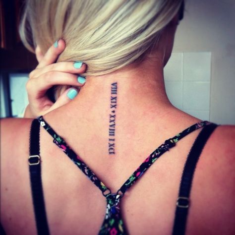 Roman numerals down my back like this XIX X • II V • XXXI XII • IX IV • XXIX II • XXII II • XXXI VIII • XXV V Kobe, May, Mum, Dad, Graham, Amy, Mitch, Nan Roman Numeral Tattoo, Numeral Tattoo, Roman Numeral, A Tattoo, Tattoo On, Tattoo Ideas