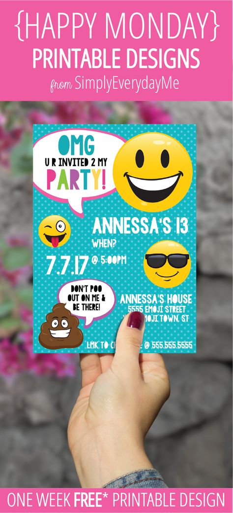 Your weekly free* {HAPPY MONDAY} printable design from SimplyEverydayMe // Emoji Party Invitation // Simply edit text using Adobe Reader with your party info, print, create and share... it's that easy! *New to {HAPPY MONDAY}... see details about *free printables here... SimplyEverydayMe... playful party printables... print.create.share #happymonday #SimplyEverydayMe #emojiparty #emojiinvitation Emoji Party Invitations, Emoji Invitations, Emoji Party, Edit Text, 7th Birthday, Printable Designs, Party Printables, Happy Monday, Party Design