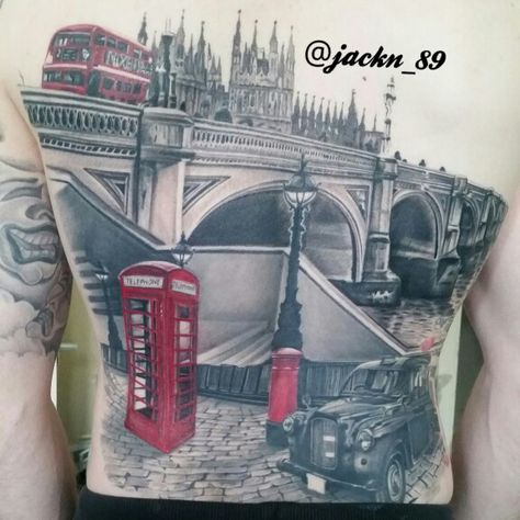 More progress on my full realism London back piece tattoo. Will eventually have big ben completed, tower bridge, gherkin, London Eye, St. Pauls cathedral, underground sign aswell as the routemaster bus, black cab taxi, postbox, phone box and Westminster Bridge that is already there. Tattoo Artist Quotes, Vw Tattoo, Underground Sign, Gherkin London, Bridge Tattoo, Routemaster Bus, Adventure Tattoo, Mexican Tattoo, Piece Tattoo