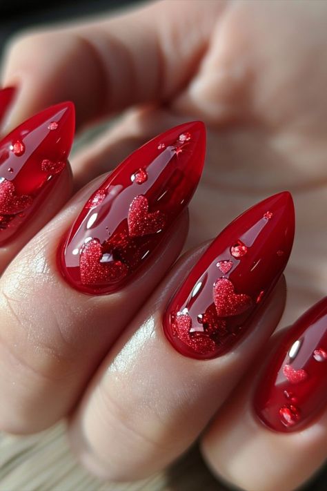 Blood Red Valentine Nails, Red Nails 2024 Trends, Nail Valentine, Season Nails, Usa Nails, Vegetable Pictures, Red Valentine, Romantic Nails, Valentine Nails