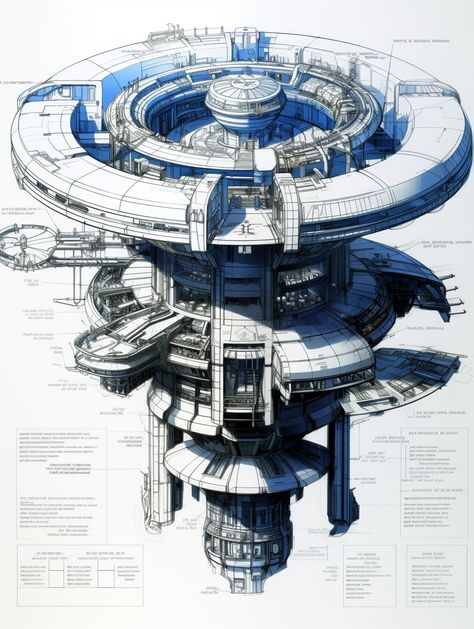 A detailed mechanical plan for a futuristic space station, including the engineering drawing. AI-generated Isometric Space Station, Spaceship Blueprint Sci Fi, Futuristic Machine Design, Cyberpunk Space Station, Anime Space Station, Small Space Station Concept Art, Sci Fi Station, Fantasy Space Station, Future Space Station