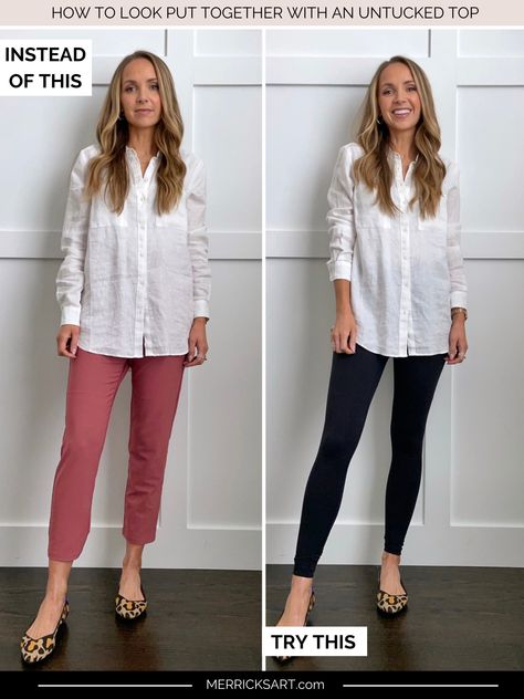 Tunic Top Outfit Ideas, Styling Tunic Tops, Style Tunic Outfit, Non Tucked In Outfits, How To Tuck Sweater Into Leggings, Untucked Blouse Work Outfit, Style A Tunic Top, Untucked Outfits Women, Tunic Blouse Outfit