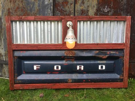 Ford Headboard Lamp Chevy Tailgate Bench, Truck Tailgate Bench, Tailgate Bench, Automotive Furniture, Truck Tailgate, Car Furniture, Woodworking Storage, Intarsia Woodworking, Old Truck