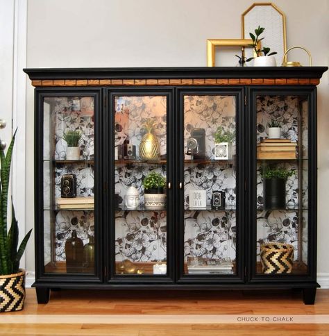 Curio Display Cabinet, Glam Hutch, Buffet Upcycle, Dark Home Interior, Black Bookcases, Cabinet Makeover Diy, Hutch Top, Kitchen Display Cabinet, Painted China Cabinets