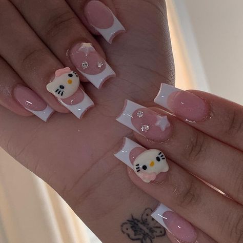 Luisa 🧸🔗💗･:*:･。. on Instagram: “★ ｡˚ ⋆ ✧ cute shorties ‧₊˚ • • #nailtech #frenchtipnails #sanrio #hellokittynails #kawaii #dmvnails #rvanails #rvanailtech #dmvnailtech…” Hello Kitty Nail Art, Kitty Nail Art, Nails Hello Kitty, Paznokcie Hello Kitty, Hello Kitty Nail, Kitty Nail, Cat Nail Art, Kitty Nails, Grunge Nails