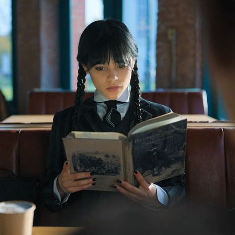 wednesday addams, netflix, screenshot, black and white, wednesday, jenna ortega, goth, the addams family, book, books, reading, bookworm, bibliophile Wednesday 2022, Wednesday Birthday, Enid Sinclair, Dont Trust People, Good Wednesday, Her Book, Wednesday Addams, Itachi Uchiha, Jenna Ortega