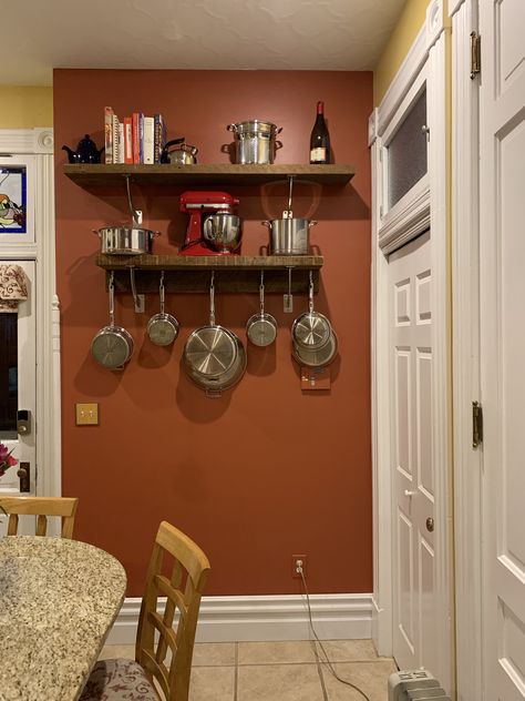 Wall Hanging Kitchen Storage, Hanging Pot Rack Decorating Ideas, Wall Hanging Pots And Pans, Hanging Pots And Pans On Wall, Kitchen Wall Storage Ideas, Cookware Storage, Cloud Kitchen, Wall Shelf With Hooks, Kitchen Wall Shelves