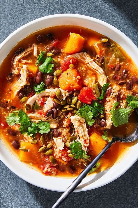 Smoky Chicken Quinoa Soup Quinoa Soup Recipes, Chicken Quinoa Soup, Low Sugar Yogurt, Chicken And Quinoa, Quinoa Soup, Chicken And Butternut Squash, Deliciously Ella, Chicken Quinoa, Veggie Soup