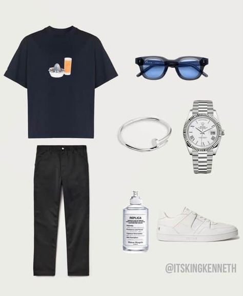 Men Polyvore Outfits, Maison Margiela Replica Sneakers Outfit Men, Polyvore Outfits Men, Akila Apollo, Replica Lazy Sunday Morning, Jacquemus Orange, Replica Lazy Sunday, Cartier Juste Un Clou Bracelet, Aesthetic Male Outfits