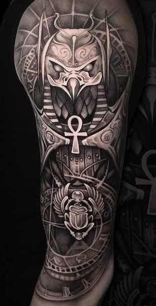 Egyptian Bicep Tattoo Men, Egyptian Arm Tattoo, Realistic Eye Of Horus, Ra Tattoo Design, Egyptian Tattoo Designs Men, Upper Arm Tattoo Men, Arm Tattoo Men, Eye Of Horus Tattoo, Egypt Tattoo Design