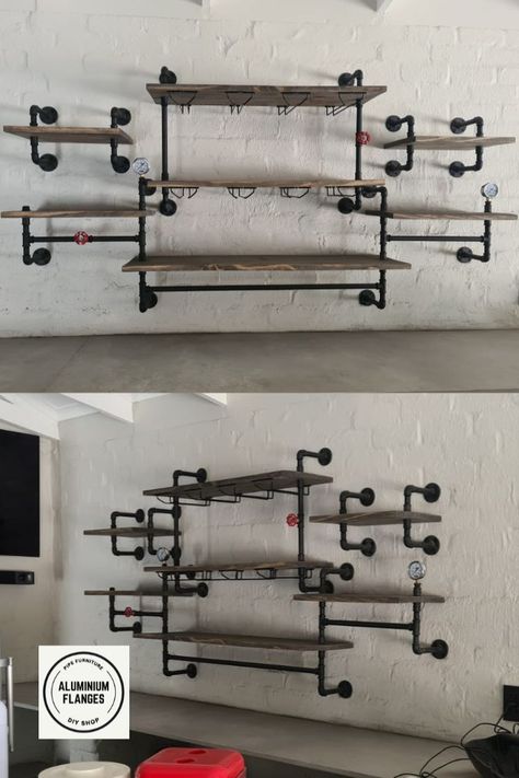 Multi-layered bar shelving. Created with plumbing pipes and fittings and pine wood. Matt black powder coated framework with valves and guages added for aesthetics. Wood was stained in Gunmetal colour. Bar Shelving, Diy Pipe Shelves, Pipes And Fittings, Layer Bars, Diy Pipe, Industrial Bar, Plumbing Pipes, Pipe Shelves, Game Room Design