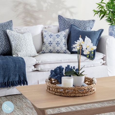 Blue Cushions On Grey Sofa, Sofas With Throw Pillows, White And Blue Living Room Decor, Blue Cushions Living Room, Living Room Blue Accents, Living Room Styling, Blue Sofas Living Room, Lounge Room Styling, Blue And White Living Room