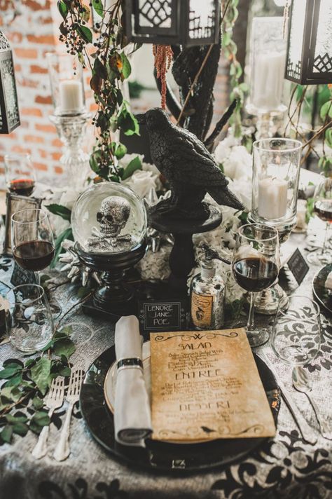 The Raven inspired wedding shoot Halloween Wedding Table Decorations, Crow Wedding, Halloween Wedding Reception, Halloween Weddings, Halloween Wedding Invitations, Groom's Attire, Halloween Themed Wedding, Bridal Theme, Red Bouquet Wedding