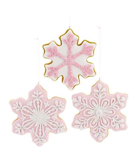 PRICES MAY VARY. Made of claydough and mica | Hangs from sheer pink ribbon | Assortment of 3 ornaments These pink and white snowflake ornaments are the perfect addition to your home or holiday décor. This assortment features three uniquely decorated pink and white snowflake ornaments, each dusted with glittered for a shimmering effect. Macaroon Ornaments, Snowflake Christmas Cookies, Cookie Ornaments, Snowflake Cutouts, Pink Christmas Ornaments, Snowflake Cookies, Ornament Cookies, Snowflake Shape, Glitter Decor