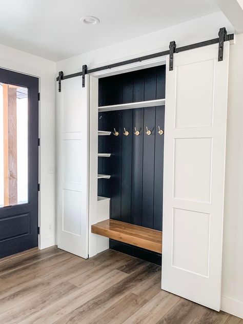 Front Entry Built In, Front Hall Closet Ideas, Entryway Remodel Ideas, No Entry Way Ideas, Open Front Hall Closet Ideas, Large Entry Way Closet Ideas, Mud Room Exterior Door, Front Entrance Built In, Closet By Front Door