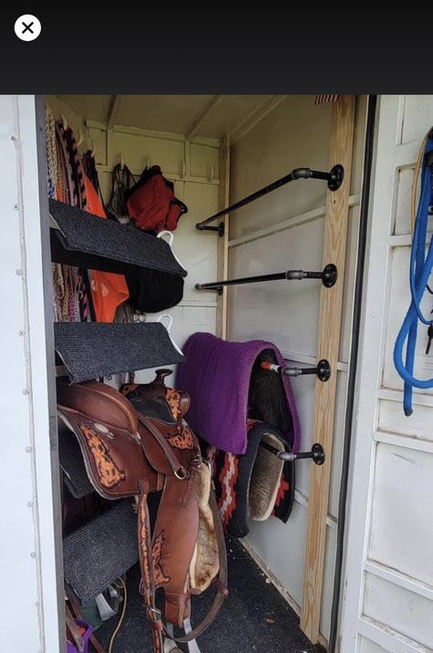 Horse Trailer Tack Room Ideas Bumper Pull, Small Tack Room Ideas Horse, Horse Trailer Tack Room Ideas, Small Tack Room Organization, Horse Trailer Living Quarters Remodel, Living Quarters Remodel, Horse Trailer Tack Room, Horse Trailer Hacks, Tack Room Storage