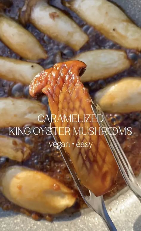 Vegan Caramelized King Oyster Mushrooms by itsvegansis | Quick & Easy Recipe | The Feedfeed Mini Oyster Mushroom Recipe, Eringi Mushroom Recipe, Mini King Oyster Mushroom Recipe, King Oyster Recipes, King Oyster Mushroom Recipe Stir Fry, Vegan Trumpet Mushroom Recipe, King Mushroom Recipe Vegan, King Oyster Mushrooms Recipes, King Oyster Mushroom Bacon