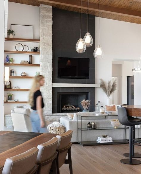 Ceiling Floating Shelves, Floating Shelves Next To Fireplace, Shelves Next To Fireplace, Off Center Fireplace, Tall Shelves, Aesthetic Living Room, Tall Ceilings, Parade Of Homes, Think Tank