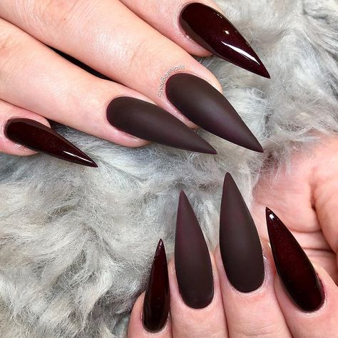 Pointy Fall Nails, Eggplant Nails Designs, Black Cherry Opi, Black Cherry Nails, Nails Sharp, Dark Color Nails, Ballerina Acrylic Nails, Witchy Nails, Sharp Nails