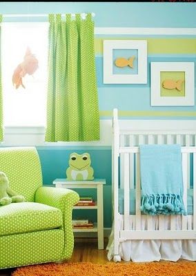 like the orange/lime/turq colors with white furniture. Frog Nursery, Boy Nursery Design, Nursery Rooms, Fun Nursery, Striped Room, Striped Walls, Green Nursery, Nursery Colors, Safari Baby