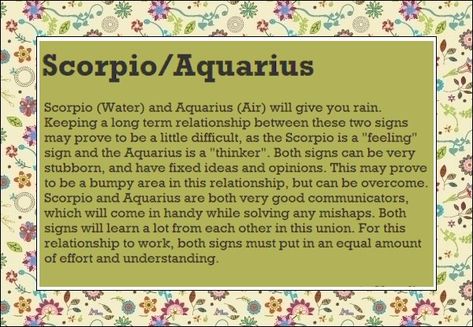 12 Quotes about SCORPIO - AQUARIUS Relationships: ...#7 Scorpio and Aquarius can accomplish any goals because of their sheer will...#9 Scorpio and Aquarius is a fusion of very different philosophies and very different emotional needs. There may be a lot of friction here. Scorpio has an intense energy that funnels into their inner emotion world, whereas Aquarius takes the same energy and turns it outward. Both can be uncooperative and opinionated and like things to go their way - but "the... Virgo Love Match, Scorpio Love Match, Aries Relationship, Aquarius Relationship, Scorpio Relationships, Scorpio Compatibility, Aquarius And Scorpio, Gemini And Scorpio, Scorpio Man