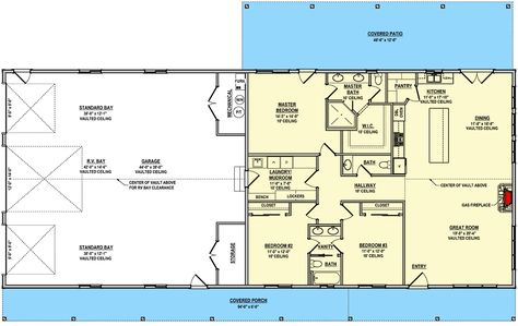 This barndominium-style house plan gives you 3 beds, 2.5 baths and 1,980 square feet of heated living space.  This plan is designed with conventional wood framing - with 2x6 exterior walls. A massive RV-friendly vaulted garage has a central bay with a 12' by 14' overhead door flanked by two bays with 9' by 9' overhead doors which combine to deliver 1,780 square feet of parking space. Two closets line the back wall: one gives you dedicated storage and the other a dedicated mechanical space. Barndominium Floor Plans 1 Story With Garage, Barndo Floor Plans With Garage, 40x60 Shop With Living Quarters Plans, Barn With Living Quarters Plans, 60x40 Barndominium Floor Plans, Shop With Living Quarters Plans, 40x60 Barndominium Floor Plans, Barns With Living Quarters, Shop And House Combo Plans