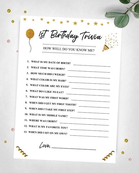 1st Birthday Trivia. How Well Do You Know Me Party Game. Gold | Etsy Teen Birthday Games, Birthday Trivia, Girls Birthday Games, 1st Birthday Games, 1st Birthday Party Games, Birthday Interview, Son's Birthday, Bday Decor, Sunflower Birthday