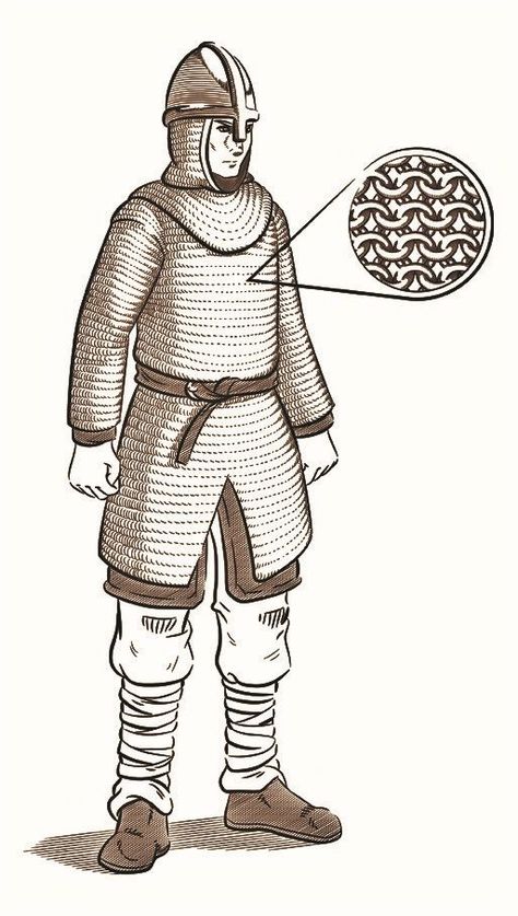 The chainmail hauberk was the most common type of armor in western Europe prior to the 13th  Century (and still in use after that). It was made from rings of steel that were riveted or welded closed. To save time and cost, most modern reproductions of chainmail use links that are butted instead of welded or riveted so modern reproductions have only a fraction of the strength of REAL chainmail. It was more flexible than lamellar though not quite as protective. It was easy to wear on horseback. Chain Armor Drawing, Chain Mail Drawing, How To Draw Chainmail, Chainmail Armor Dnd, Chainmail Armor Art, Drawing Chainmail, Chainmail Drawing, Chainmail Hauberk, Knight Chainmail