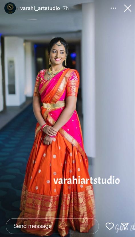 Orange Half Saree, Lehenga Gold, Ceremony Outfit, Haldi Ceremony Outfit, Orange Lehenga, Half Saree Lehenga, Half Sarees, Saree Lehenga, Rakul Preet