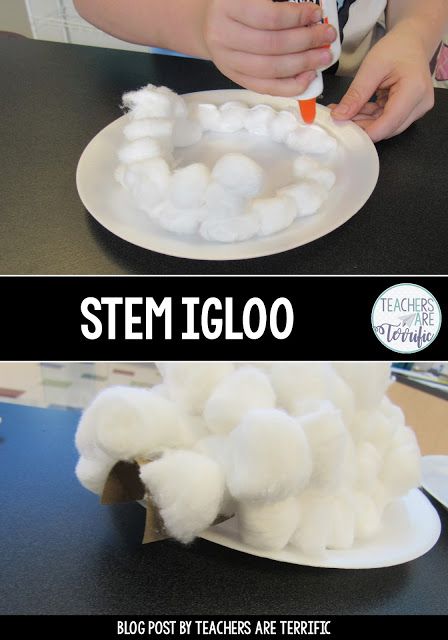 STEM Challenges: These three challenges are all about snow! Students build snowflakes, snowmen, and igloos! Perfect if you live where it does not snow very much! Winter Engineering Activities For Kids, Winter Experiments For Preschool, Winter Stem Activities For Preschool, Cotton Ball Igloo Craft, School Winter Activities, Igloo Theme Preschool, 3rd Grade Stem Challenge, December Steam Activities For Kids, Christmas Steam Activities Elementary