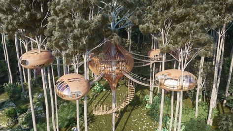 The nests cabins: Treehouse hotels desig|Visualization Treehouse Design Architecture, Luxury Tree Houses, Treehouse Hotel, Forest Lodge, Organic Structure, Cool Tree Houses, Tree House Designs, Architecture Model House, Bungalow Design