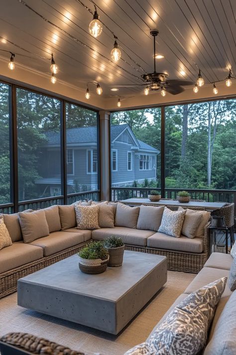 42 Ideas You'll love for a Stunning Screened in Porch | VIVA Screened In Porch Off Back Of House, Screen Porch Seating, Screened In Front Porch Farmhouse, Screened In Porch With Glass Roof, Closed In Wrap Around Porch, Finished Back Porch Ideas, Four Seasons Sunroom Ideas, Outdoor Closed In Patio Ideas, Covered Patio Screened In